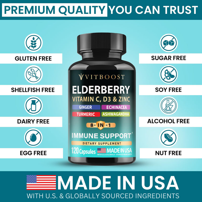 VITBOOST Immune Support Supplement 8 in 1 with Vitamin D 5000 IU - 120 CT | Elderberry Formula with Echinacea, Vitamin C & Zinc, Turmeric, Ginger, Ashwagandha 120 Count (Pack of 1)