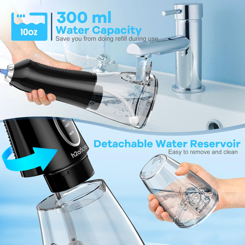 H2ofloss Water Dental Flosser Teeth Pick -Portable Oral Irrigator with 5 Modes, Rechargeable IPX7 Waterproof Orthodontic Teeth Cleaner Pick Cordless for Home Travel-300ml Water Tank Black