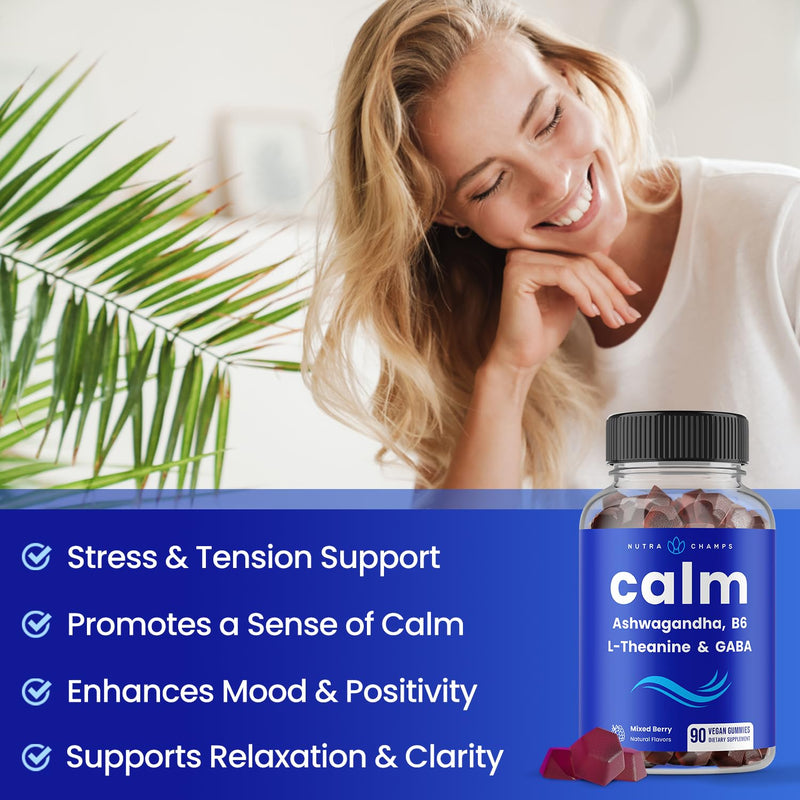 NutraChamps Calm Gummies, Stress Gummies Supplement with Ashwagandha, L-Theanine, GABA, Vitamin B6 & Lemon Balm, Supports Mood, Focus & Stress Relief, Natural Berry, 90 Gummies 90 Count (Pack of 1)