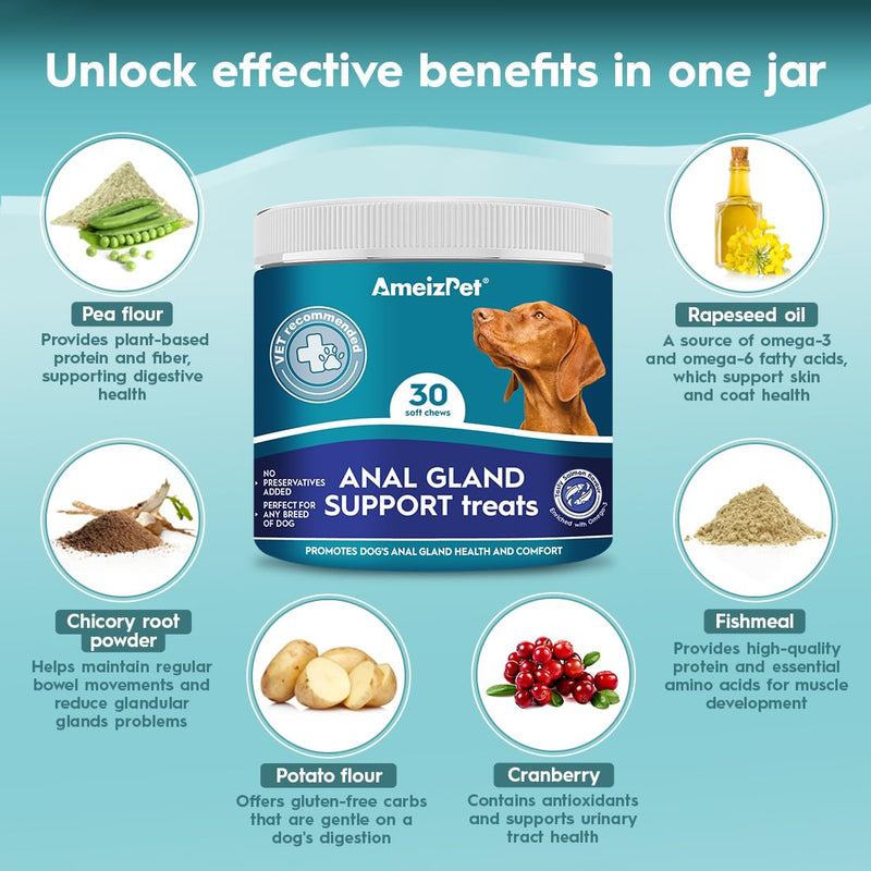 AmeizPet Anal Gland Soft Chews Treatment For Dogs, Functional Digestive Fiber Treats For Dogs Glands Healthy Dog Chews, 30 Soft Dog Treats 30 Treats