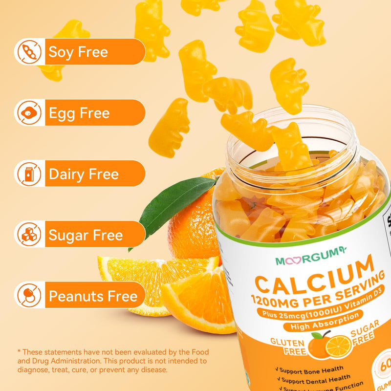 Calcium Citrate Gummies for Kids, Adult - 1200 mg with Vitamin D3 1000IU - Support Bone, Teeth, Immune Health, High Absorption Calcium and Vitamin D Supplement, Orange Flavor, 60 Count 60 Count (Pack of 1)