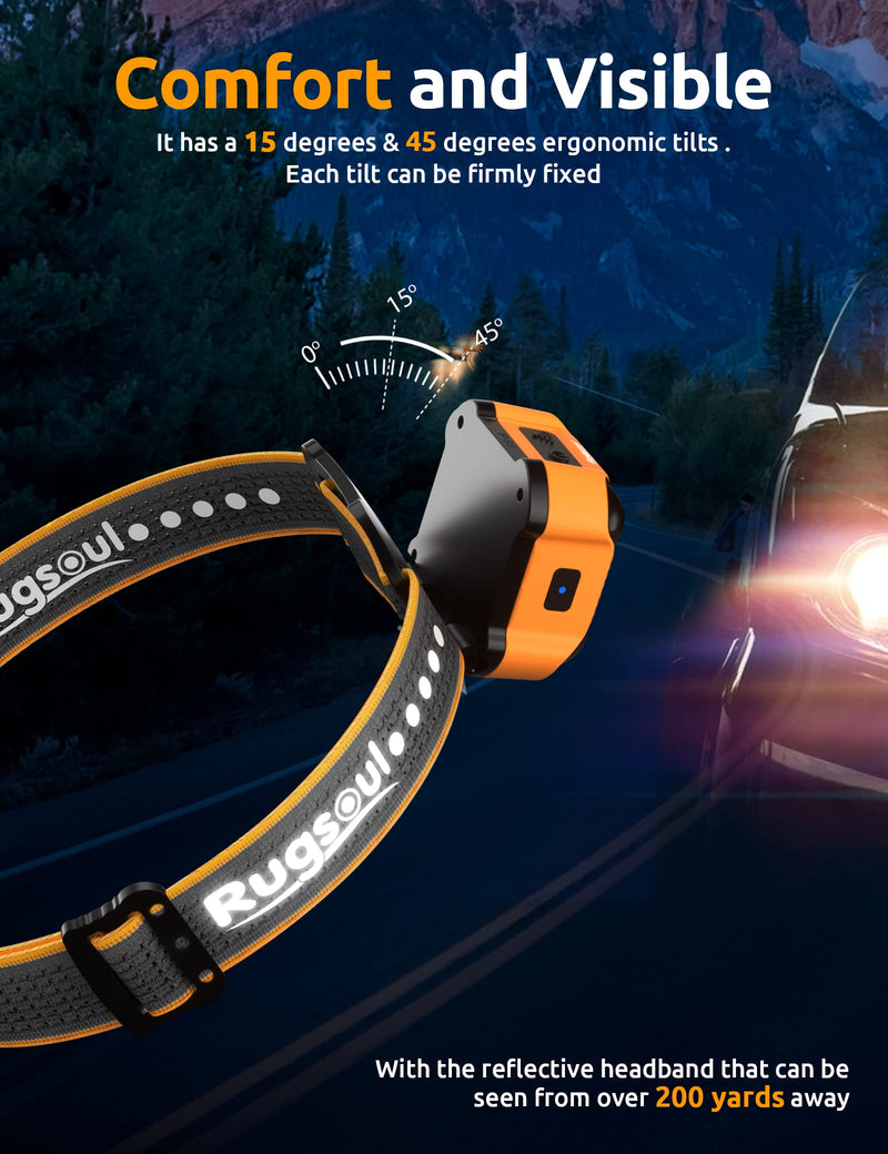 Headlamp Flashlight, IP68 Waterproof Outdoor Rechargeable LED Headlamp with 6 Lighting Modes Ultra-Light Bright Headlight for Camping, Hiking, Fishing, Cycling, Hunting Gear（Yellow Orange