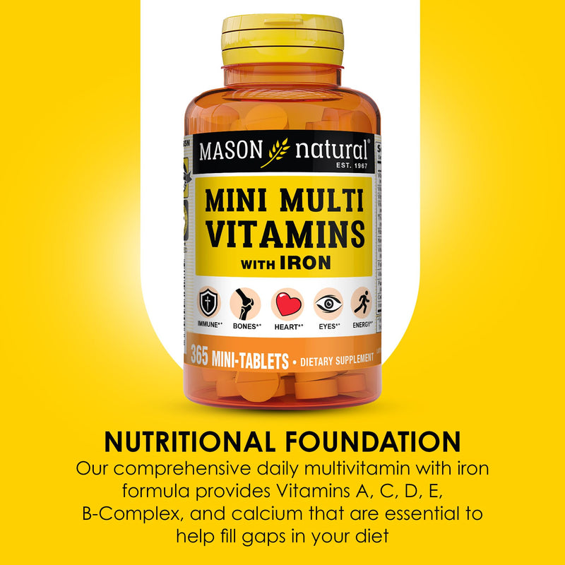 MASON NATURAL Mini Multivitamin with Iron, Gluten Free, 1 Year Supply | 12 essential nutrients plus iron, including vitamins A, C, D, E, B-complex, folate & calcium for daily support 365 Count (Pack of 1)