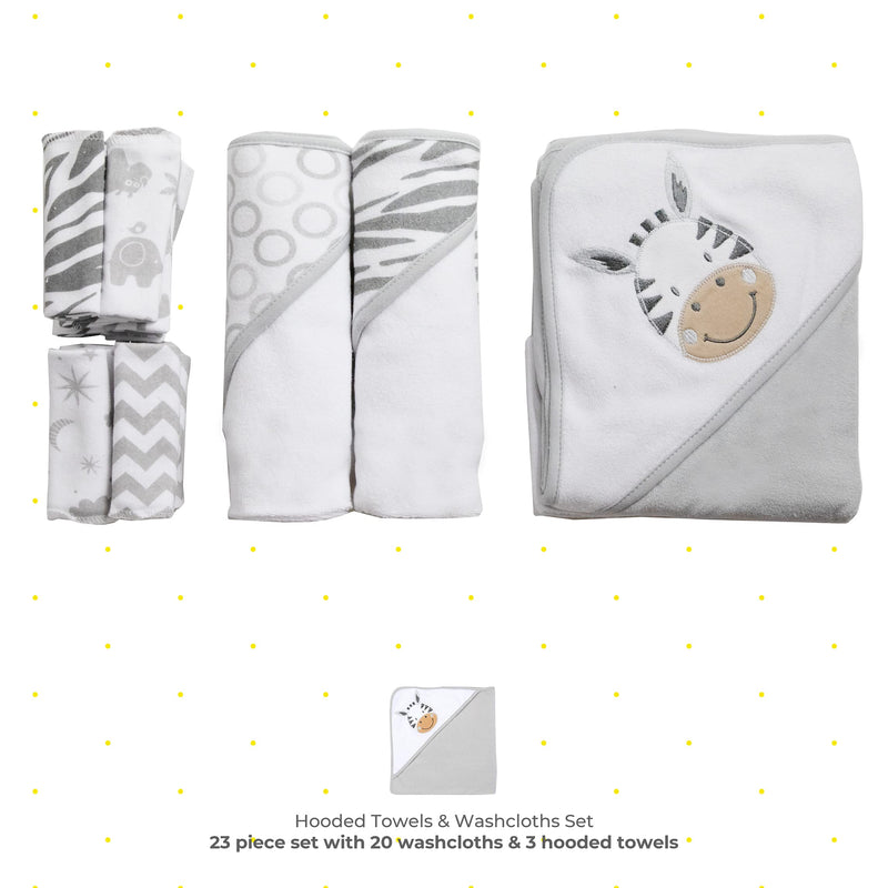 Spasilk 23-Piece Soft Terry Hooded Bath Towel and Washcloth Gift Set, 3 Baby Towels and 20 Baby Washcloths for Newborn Boys and Girls, Baby Bath Essentials, Ideal, White Zebra - BeesActive Australia