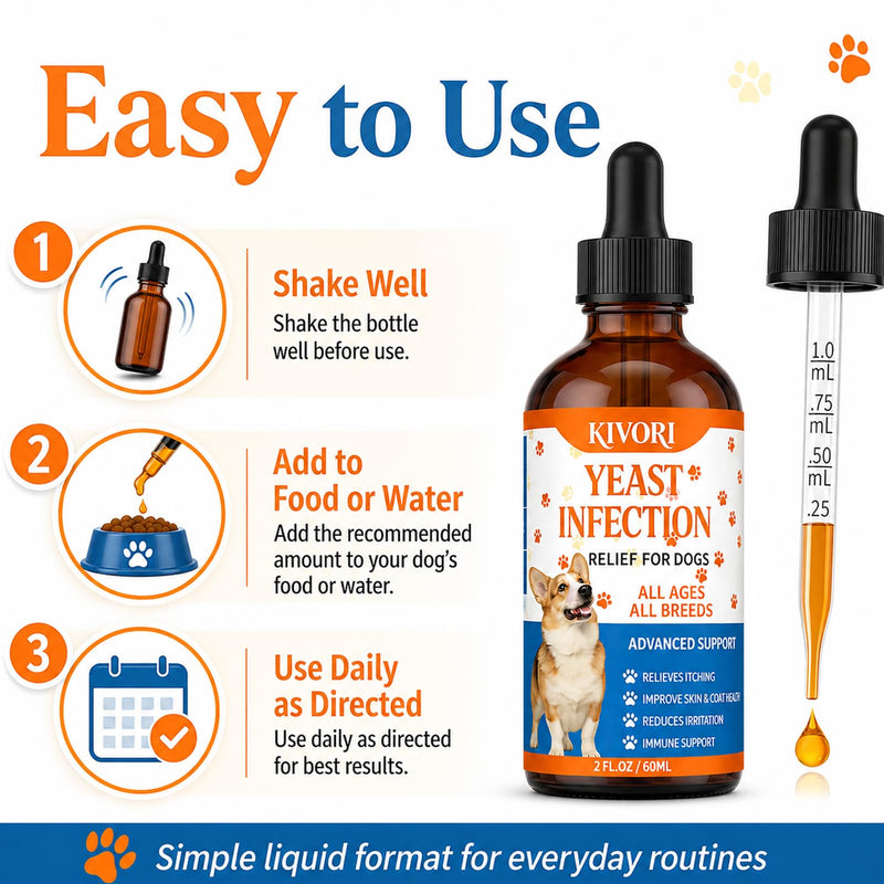 Kivori Yeast Infection Drops for Dogs, 2fl.Oz/60ml Yeast Infection Treatment for Dogs, Anti Yeast Drops, Ear and Paw Itch, Herbal Dog Supplement Drop for All Ages All Breeds. (1PCS) 1PCS