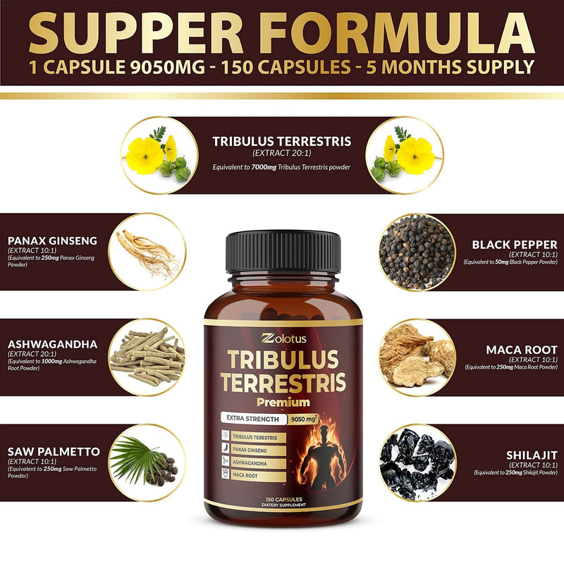 Tribulus Terrestris Supplement for Men & Women, 9050mg Per Capsule, 5-Month Supply with Ashwagandha, Panax Ginseng, Saw Palmetto, Maca, Shilajit 150 Count (Pack of 1) - BeesActive Australia