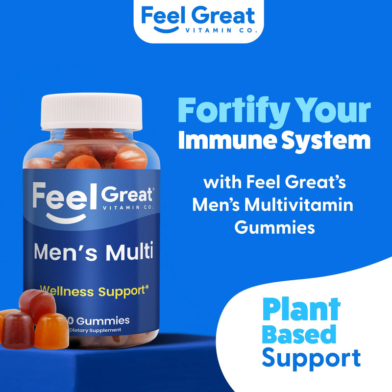 Feel Great Vitamin Co. Men's Multivitamin Gummies, Packed with Vitamin A, B-6, B-12, Biotin, C, D3, E, Iodine, Folic Acid, Zinc. Made in The USA. 45 Day Supply
