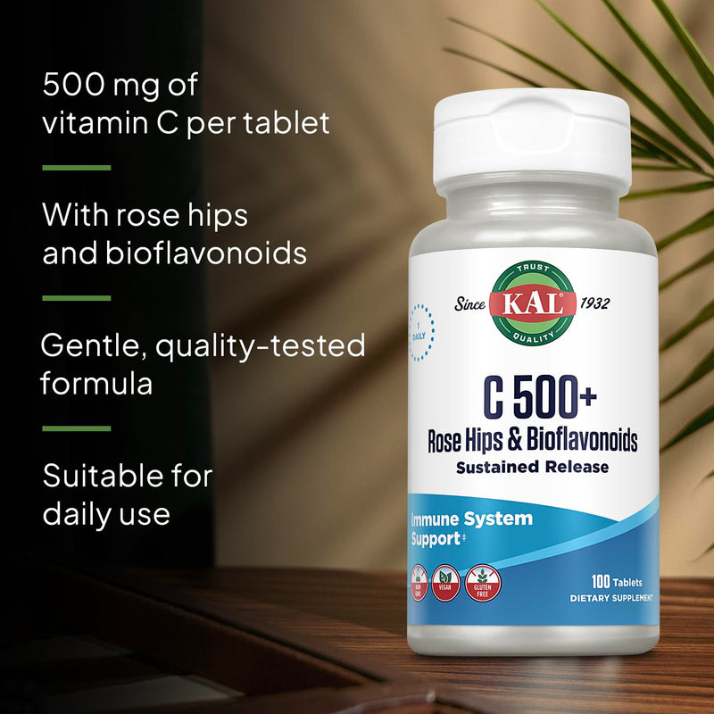 KAL C 500+ Sustained Release Tablets - Vitamin C Supplement with Rose Hips & Bioflavonoids for Adults, Immune Health Support for Women & Men, Vegan, Gluten Free - 100 Count