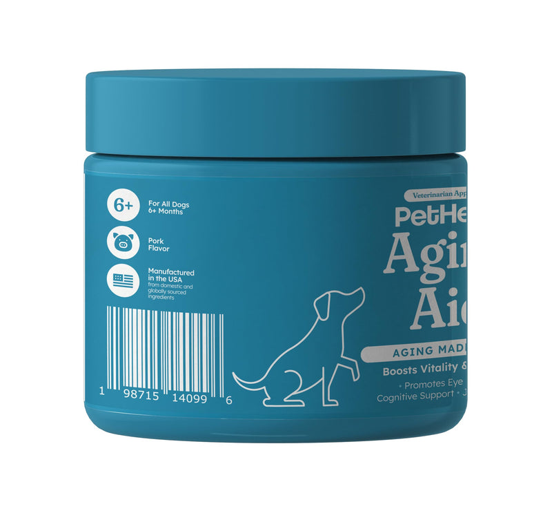 PetHeal Aging Aid Chews for Senior Dogs - Vet-Reviewed - Supports Joints, Energy & Vision with Hemp, DHA, Blueberry & Spinach | Fights Inflammation & Promotes Vitality | 30 Pork-Flavored Soft Chews