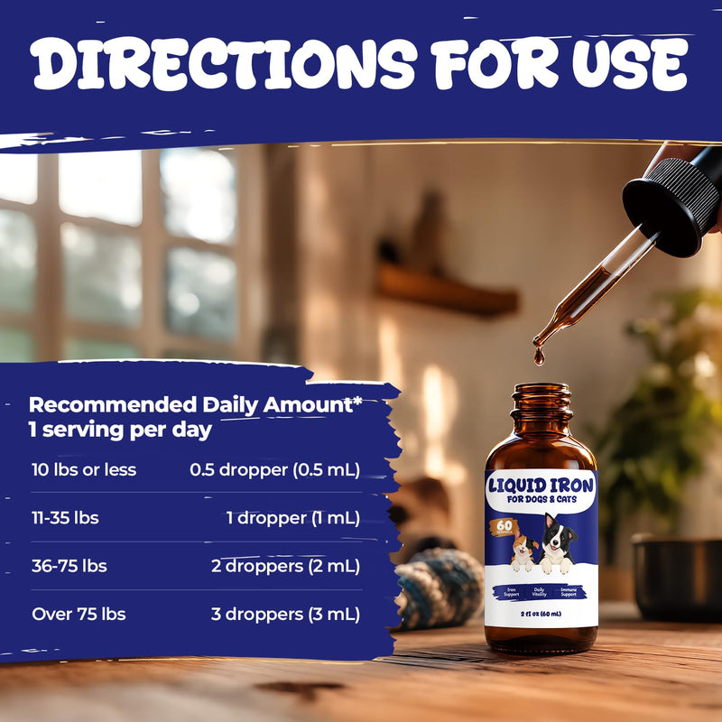 Liquid Iron Supplement for Dogs & Cats, Blood Health & Vitamin B12 Drops | With Vitamin C, Folate, Zinc & Copper to Support Red Blood Cell Formation, Daily Energy & Vitality, 2 fl oz (60 mL)