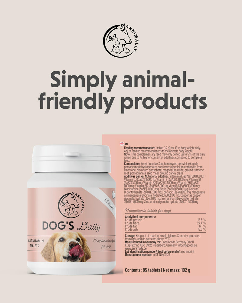 Annimally Dog’s Daily Multivitamin Tablets for Dogs 85 pcs. | Important vitamins for dogs, with minerals & trace elements, ideal for the daily feeding routine, made in Germany