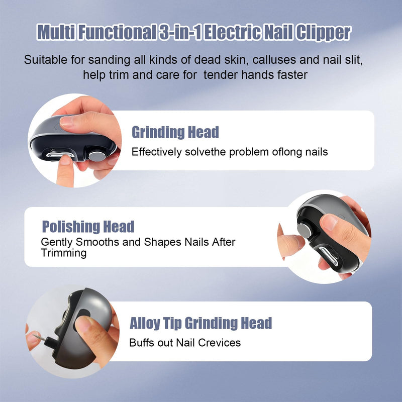 Electric Nail Clipper, 3 in 1 Electric Nail Clippers for Seniors & Adults, Baby Electric Nail Trimmer with Light & Clip Storage, USB Electric Automatic Nail Clipper for Fingernail & Toe (Grey) Grey