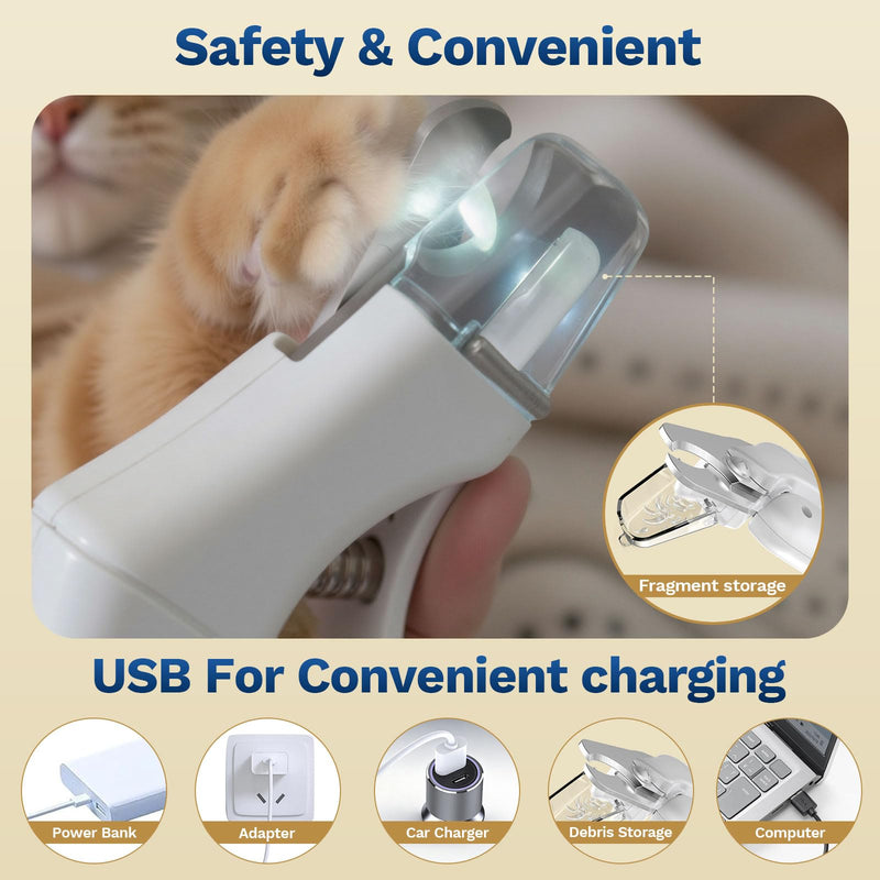 2 in 1 Dog Nail Clippers & Cat Nail Clippers Trimmers for Large Medium Small Dogs Cats Claw Trimmer Quick Sensor and Safety Guard USB Rechargeable Dogs Nail Trimmer with Catcher & 2 LED Lights White
