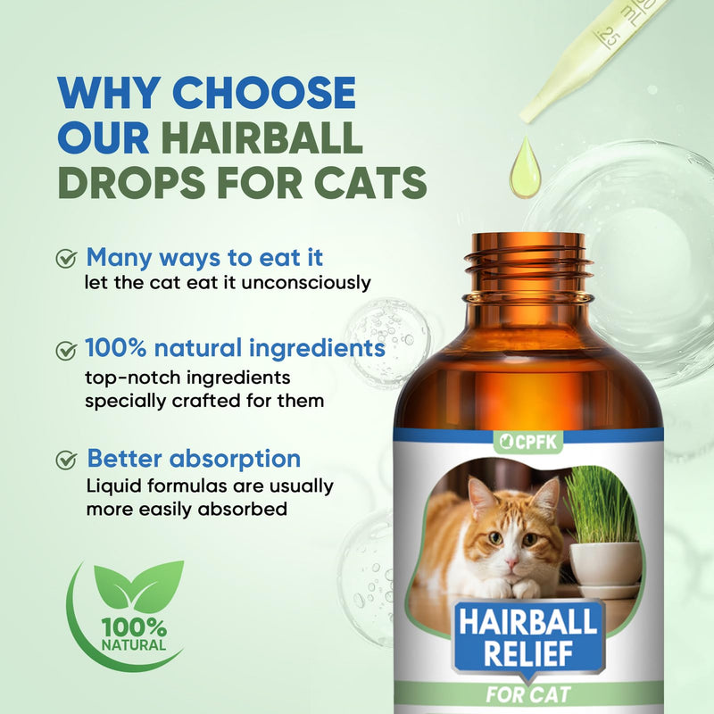 Cat Hairball Remedy Drops, 60 ml (2 fl oz) 2 Pack Cat Hair Ball Treatment Furball Control Relief Helps Eliminate and Prevent Hairballs for Indoor Cats Supports Skin and Coat Digestion 4 Fl Oz