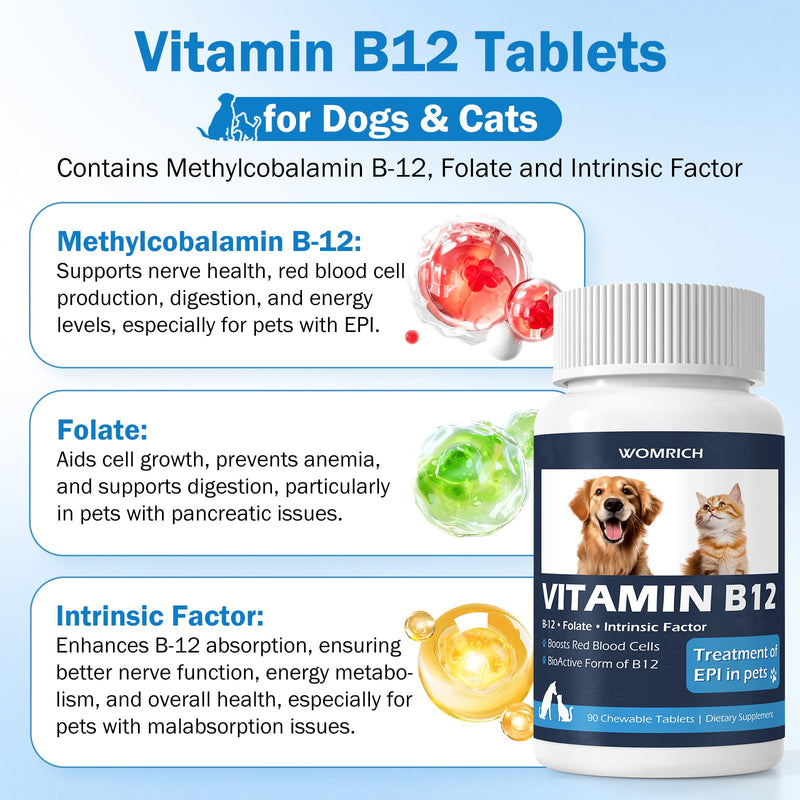 Appetite Stimulant for Cats and Dogs Vitamin B12 Tablets - Methylcobalamin B12 - Appetite Stimulant Treatment of EPI in Pets Supports Energy, Red Blood Cell Formation, Nervous System - 90 Tablets