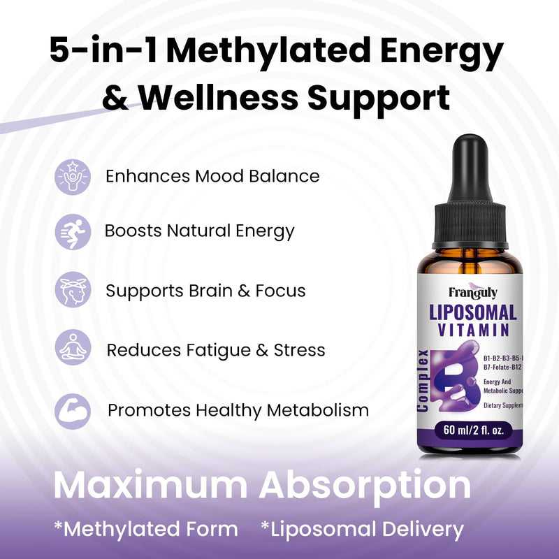 Liposomal Vitamin B Complex Liquid Sublingual B Complex Vitamins Supplement for Women Men Improved Absorption Methylated B12,B1, B2, B3, B5, B6,Folate,Biotin for Energy And Immune Support-4.0 oz 2 Fl Oz (Pack of 2)