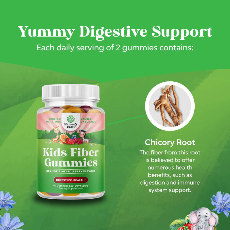 High Prebiotic Fiber Gummies for Kids - Dietary Fiber Supplements for Digestion & Constipation - Chicory Root Kids Immune Gummies - Non-GMO & Vegan Digestive Nutritional Supplements - 60 Count 60 Count (Pack of 1)