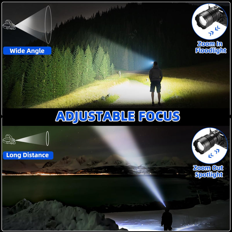 High Lumen Rechargeable Headlamp, Super Bright Head Lamp, 90°Angle Head Lights for Forehead, Adjustable Focus Headlight, 4Mode LED Headlamp Rechargeable, Headlamps for Adults Hard Hat Camping (2Pack) 2Pack