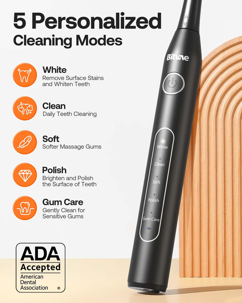 Bitvae Electric Toothbrush for Adults - Ultrasonic Electric Toothbrushes with 8 Brush Heads, ADA Accepted Power Rechargeable Toothbrush with 5 Modes, Smart Timer, Black D2 - BeesActive Australia