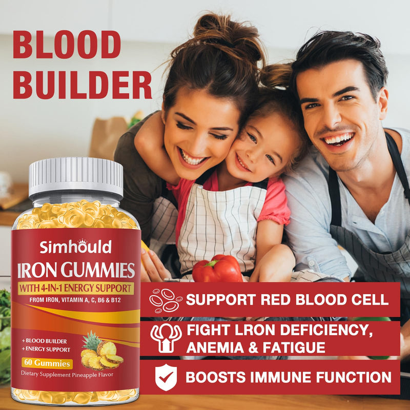 2 Pack Vegan 80MG Iron Supplement Gummies for Women & Men - Vitamin A, C, B for Adults & Kids - Blood & Builder & Energy Support for Iron Deficiency, Anemia, 120 Counts Pineapple Flavor Gummies Yellow - 2 Packs