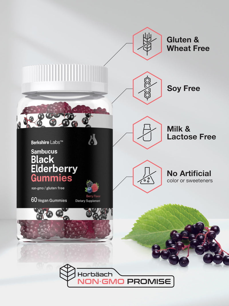 Horbäach Sambucus Black Elderberry Gummies | 60 Count | with Zinc and Vitamin C | Berry Flavor | Vegan, Non-GMO, Gluten Free Extract for Adults | by Berkshire Labs