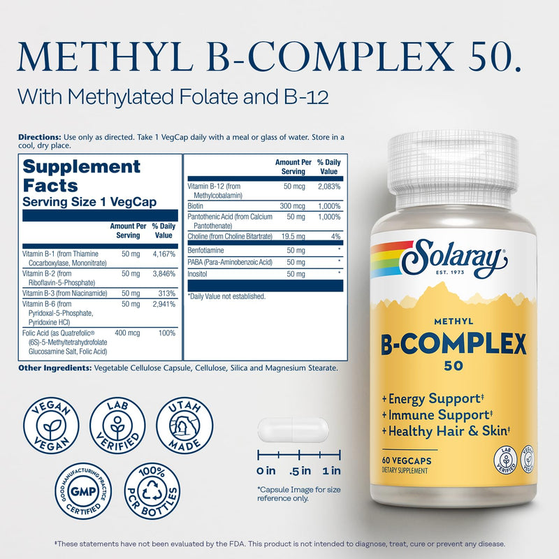 Solaray Methyl B-Complex, B1 & B12, 60 Vegetarian Capsules | Vitamin B Complex, Methylated Vitamins for Women & Men, Nerve and Cellular Energy Support with Methylfolate Unflavored 60 Count (Pack of 1)