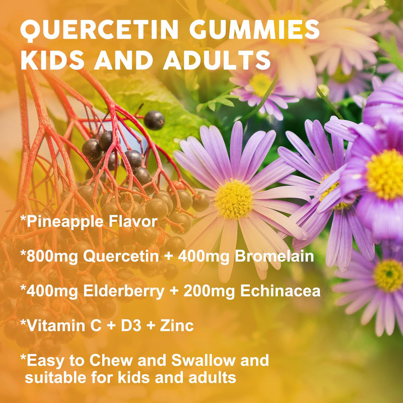 800mg Quercetin with Bromelain Gummies for Kids & Adults, Sugar Free, 60 Ct | WOGORGT - Quercetin Gummies with Bromelain, Zinc, Elderberry & D3, Immune, Seasonal Wellness Support, Vegan, Pineapple Flavor 60 Count (Pack of 1)