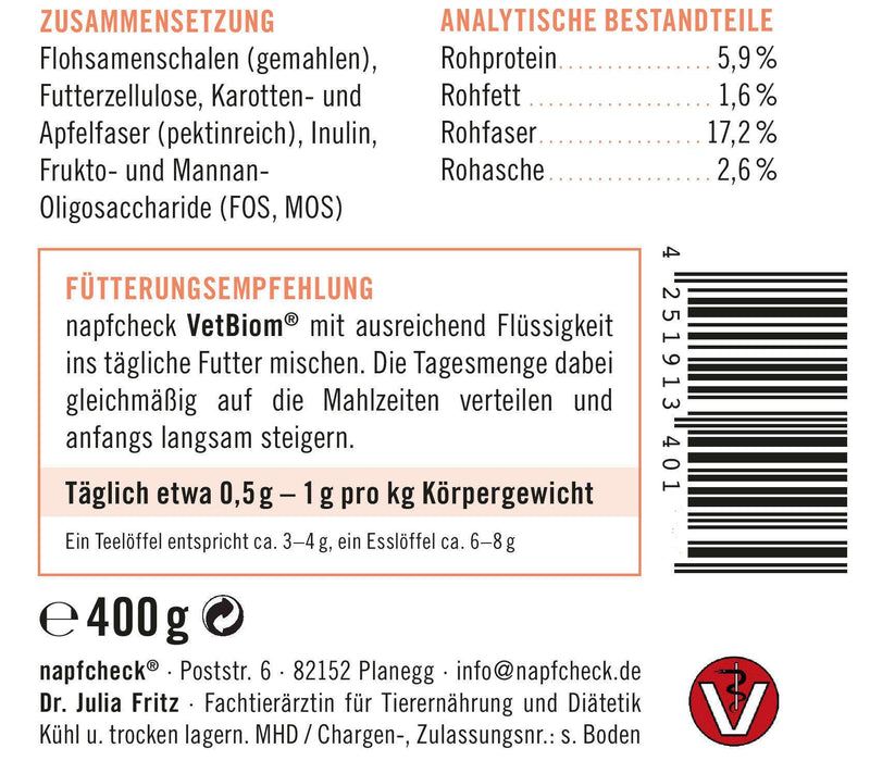 napfcheck VetBiom - Prebiotic fiber mix for regulated digestion - for dogs and cats - 400 g - BeesActive Australia