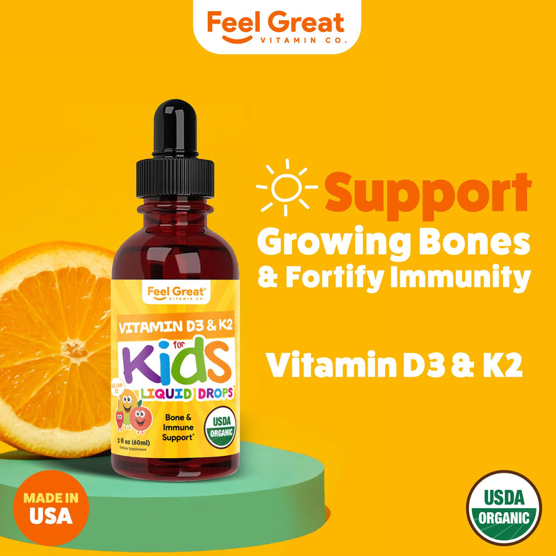 Feel Great Organic Vitamin D3 + K2 Liquid Drops for Kids & Infants, 2oz | USDA Organic Vitamin D3 + K2 Drops for Bone & Immune Support, Calcium Absorption, Tropical Fruit, Vegan, Gluten-Free