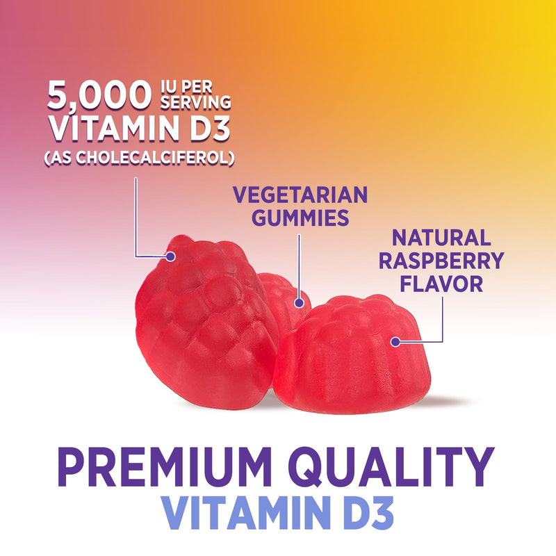 Vitamin D3 Gummies 125 mcg (5000 IU) Per Serving - 3X Strength Immune Support & Bone Support, Vitamin D Gummy Dietary Supplement, Nature's Berry D Vitamin Supplement, Raspberry Flavored - 60 Gummies 60 Count (Pack of 1)