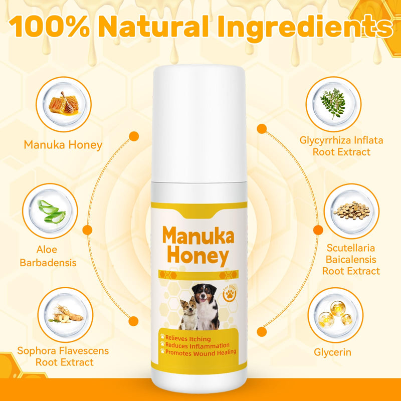 Manuka Honey for Dogs, Hot Spot & Wound Care Spray, Promotes Wound Healing, Soothes Itching & Inflammation, Natural Skin Care Spray for Dog, Safe, Easy to Use, 3.38 oz Bottle