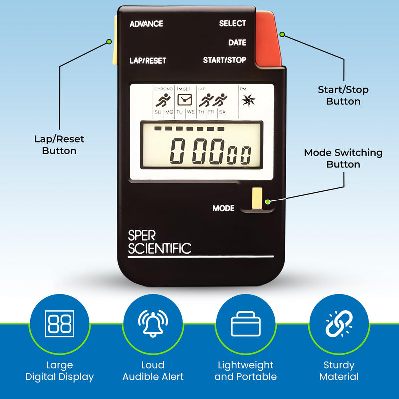 Sper Scientific Large Display Digital Stopwatch with Clock Functions & Alarm 810022 - Easy-to-Read LCD Timer, Durable & Portable Stopwatch for Labs, Classrooms, Sports Events & More Standard - BeesActive Australia