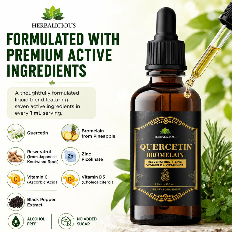 HERBALICIOUS Quercetin Bromelain Liquid with Resveratrol, Zinc, Vitamin C & D3 – Immune Support Drops – 4 fl oz (120 mL) – Fast Absorption – Non-GMO Dietary Supplement