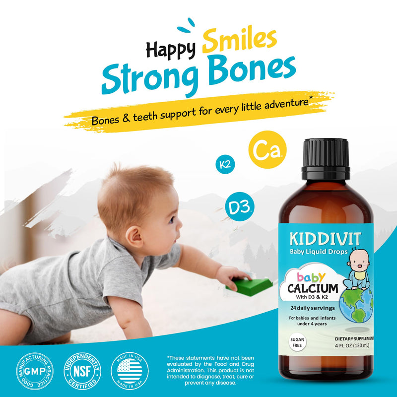 Baby Calcium Liquid Drops with Vitamin D3 & K2 – Gentle Bone & Growth Support Supplement – 24 Daily Servings – Inulin Fortified Prebiotic Fiber – Sugar Free, Gluten Free, Vegetarian, 4oz