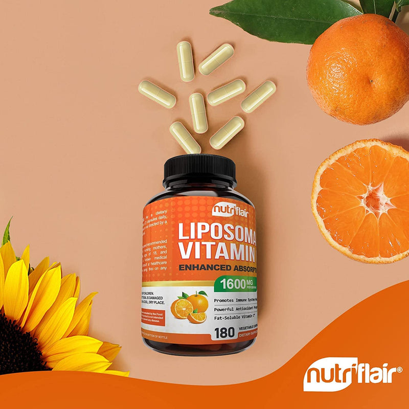 NutriFlair Liposomal Vitamin C 1600mg, 180 Capsules - High Absorption, Fat Soluble VIT C, Antioxidant Supplement, Higher Bioavailability Immune System Support & Collagen Booster, Non-GMO, Vegan Pills 180 Count (Pack of 1) - BeesActive Australia