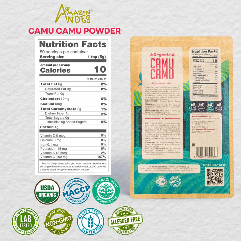Amazon Andes Organic Camu Camu Powder 3.5oz 100g - Pure Vitamin C from Peru - USDA Organic Whole Berry Freeze Dried - Myrciaria Dubia Raw Superfruit Amazonian Non-GMO Vegan Gluten Free