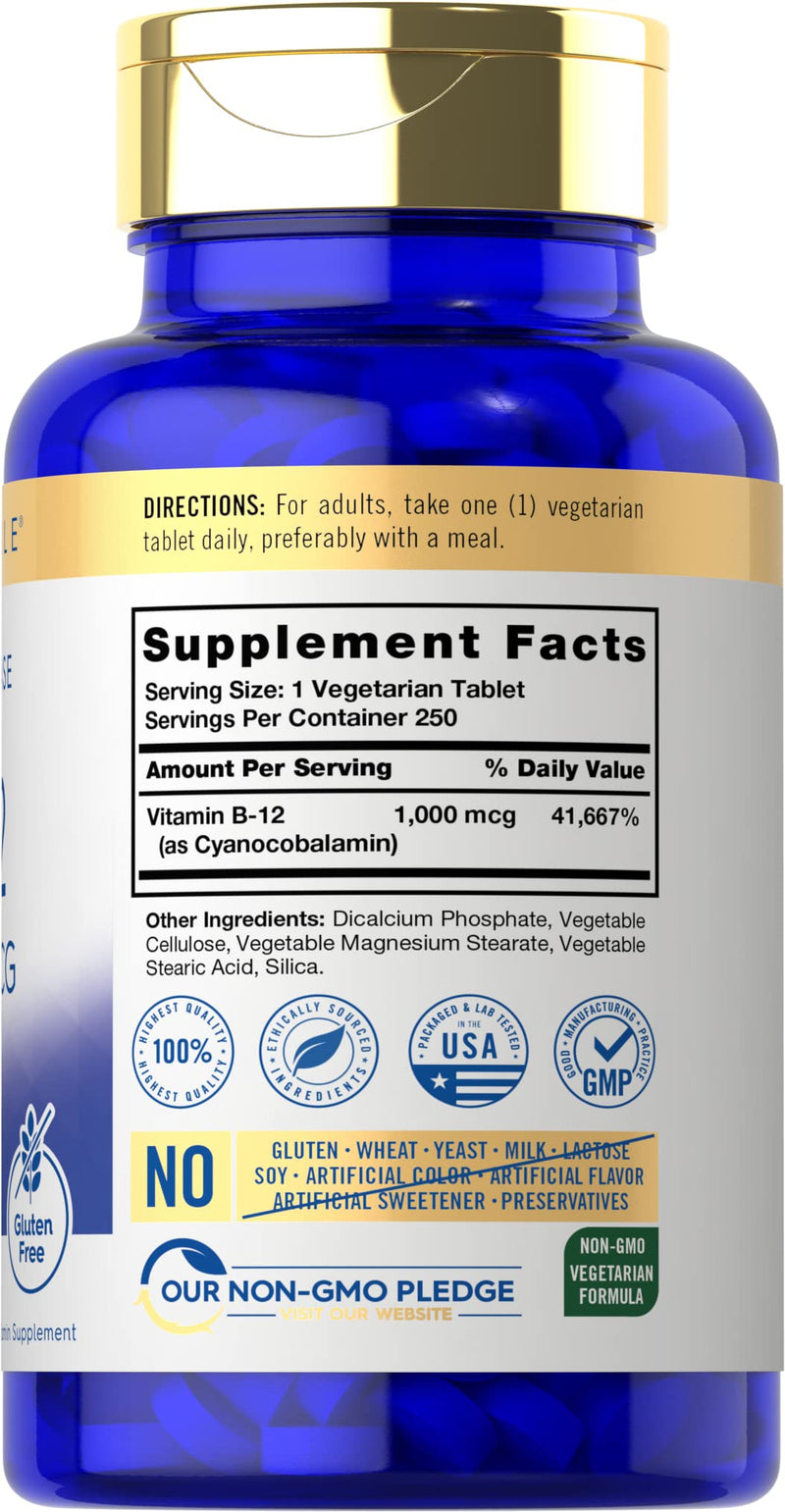 Carlyle B12 Vitamin 1000 mcg | 250 Count | Time Release Tablets | As Cyanocobalamin | Vegetarian, Non-GMO & Gluten Free Supplement 250 Count (Pack of 1)