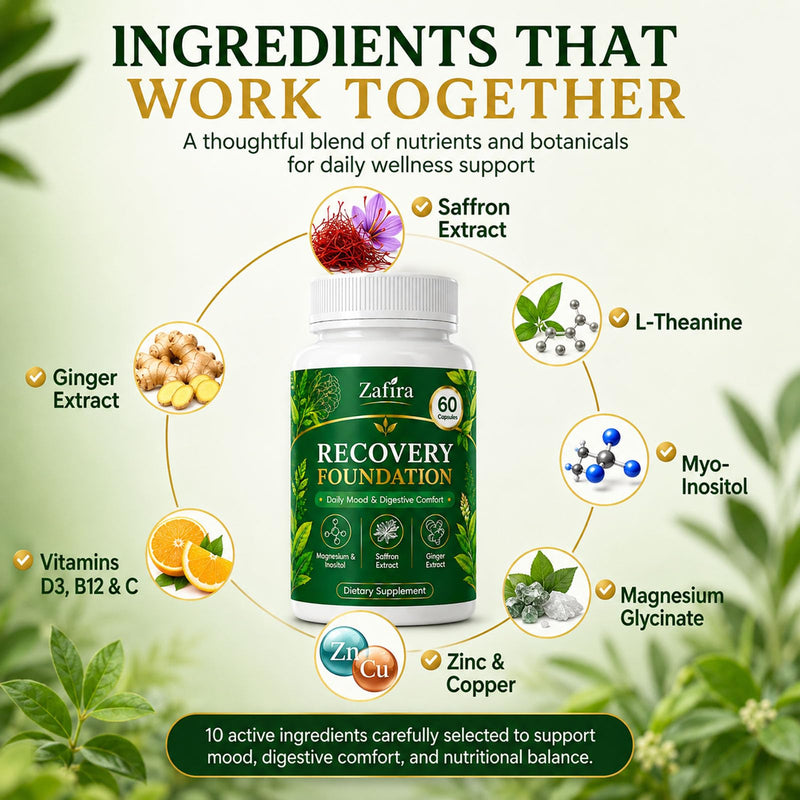 Zafira Organics Saffron Supplements, Zafira Recovery Foundation Capsules for Daily Wellness Support & Digestive Comfort with Saffron Extract, Magnesium Bisglycinate, Ginger, Zinc, Vitamin D3 & B12 1 pcs
