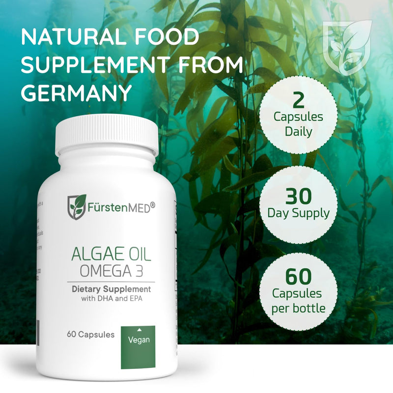 FürstenMED Algae Oil Vegan Omega 3 - Heart, Brain & Joint Health Support - 2000mg Algae Oil of which 700mg DHA & 320mg EPA + 3, 6mg Vitamin E per Daily Dose - Essential Fatty Acids 1 Count (Pack of 60)