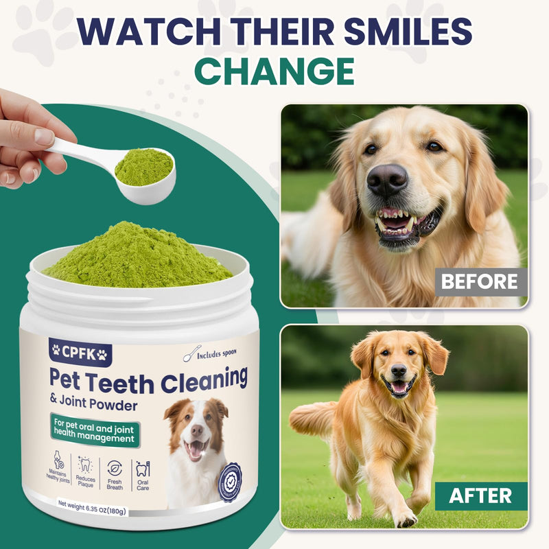 Dental Cleaning Joint Powder for Dogs - 6.35OZ Dog Dental Cleaning Powder with Probiotics to Lighten Bad Breath and Control Plaque Tartar Supports Dog Dental Care and Joint Health 6.35 Ounce