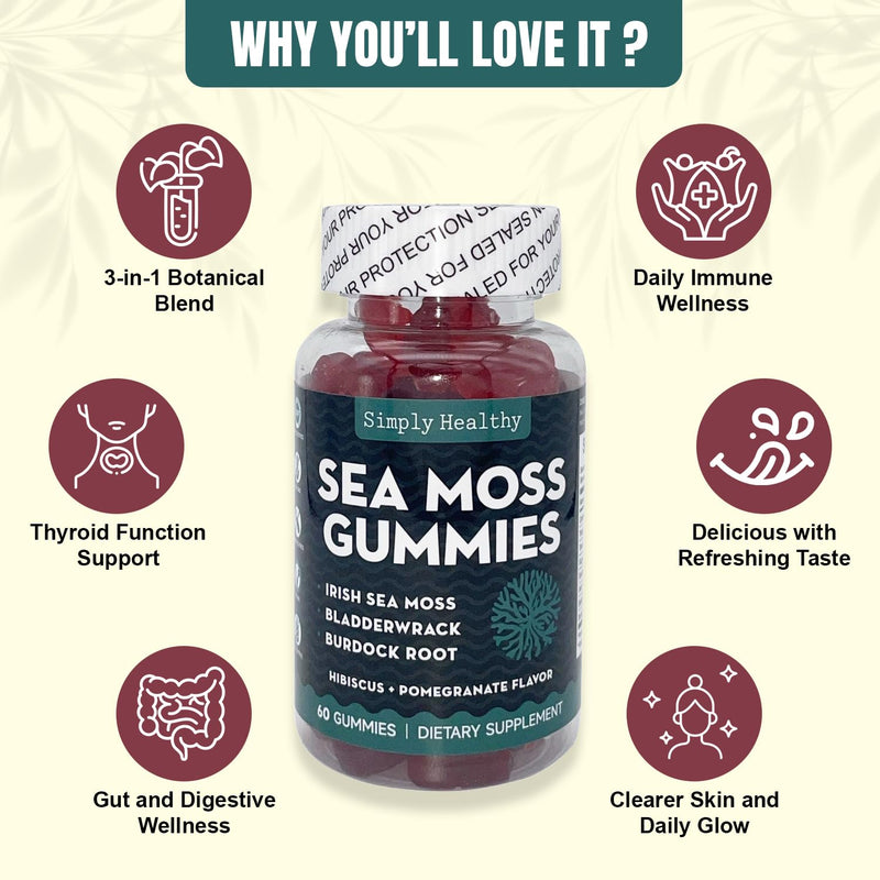 Premium Sea Moss Gummies, Irish Sea Moss Supplement with Bladderwrack and Burdock Root, Vegan Support Detox Gummies, Plant-Based Wellness, for Gut Health, Superfood 60ct