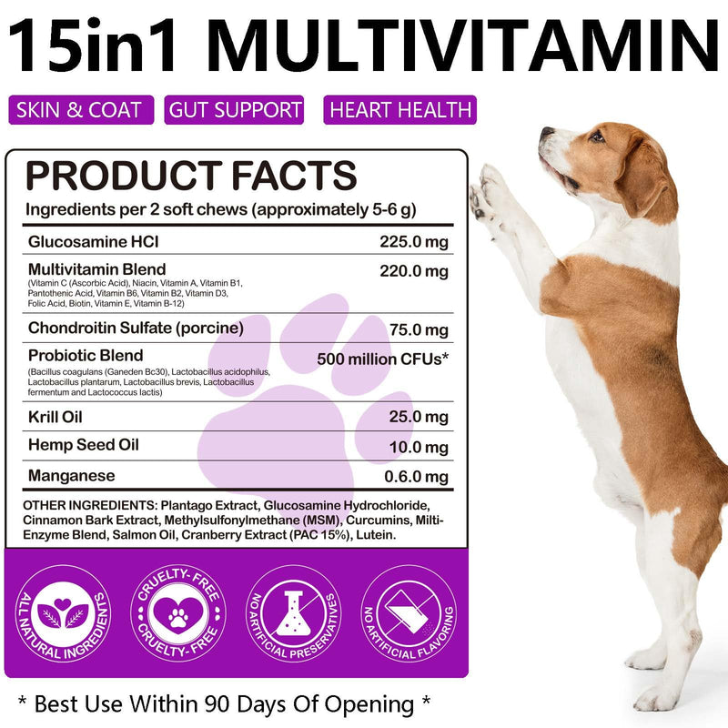 15-in-1 Dog Multivitamin Soft Chews, Dog Multivitamin Chews Support Immune Function, Skin & Coat - Complementary Feed for Daily Nutrition with Probiotics, Dogs Supplement with Duck Flavour, 150 Chews