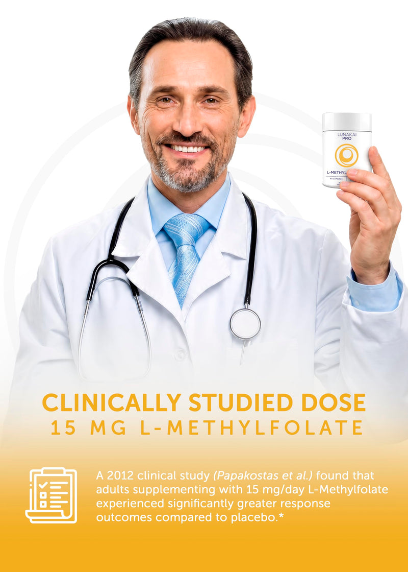 Lunakai L Methyl Folate 15mg Plus B2, B6 & Methyl B12 - Active 5-MTHF Form | USA Made, High Potency L-MethylFolate Supplement - Daily Brain, Mood & Energy Support, Non-GMO MTHFR, 60 ct
