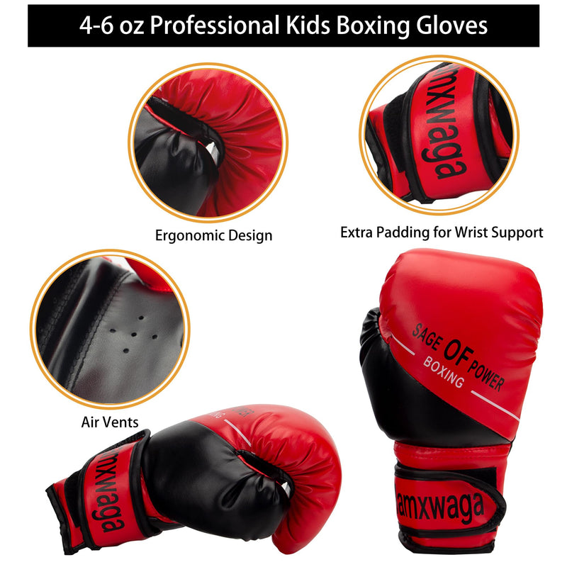3-in-1 Boxing Gloves and Punching Mitts Set for Kids, Sports Boxing Gloves Boxing Pads with Hand Wraps, Kids Boxing Equipment Set for MMA, Karate, Muay Thai, Taekwondo Red 6oz