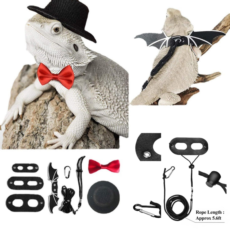 Bearded Dragon Leash Harness, 3 Size Pack Leather Wing Lizard Harness with Hat & Bow Tie Collar for Bearded Dragon Lizard Reptiles Small Pets Photo Props (Black) Black - BeesActive Australia