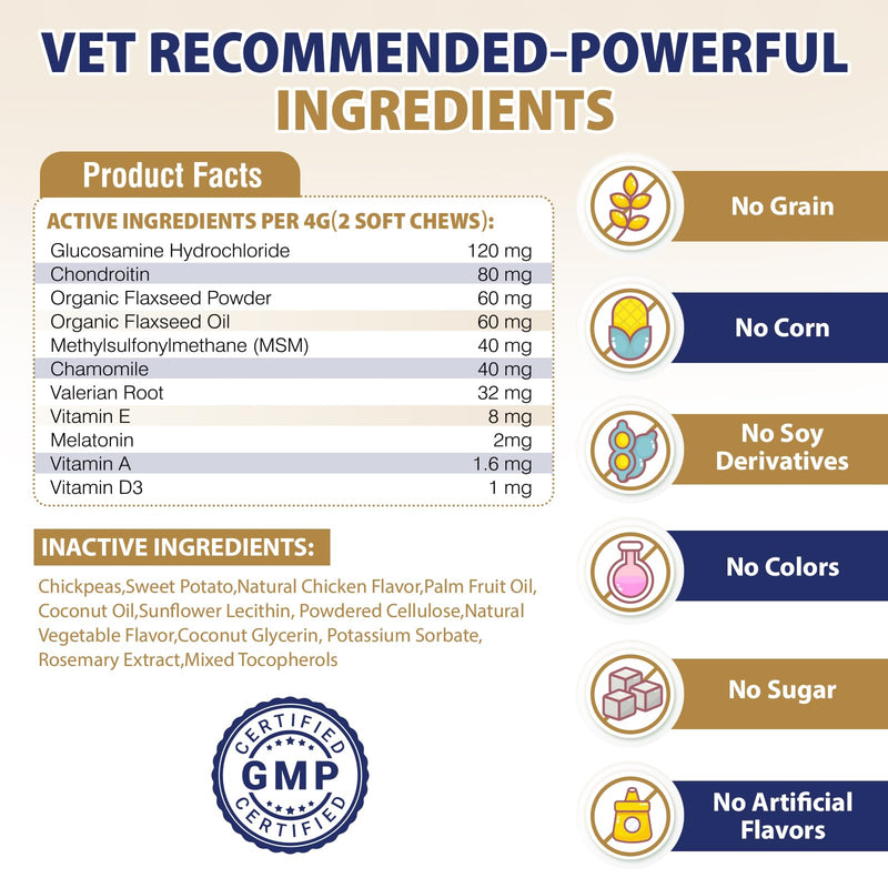 Hip and Joint Supplement for Dogs 200 Dog Calming Chews with Glucosamine, Chondroitin, Msm, Omega3, Melatonin for Senior Dogs Anxiety Pain Relief Anti Inflammatory Small/Medium/Large Dog -Chicken