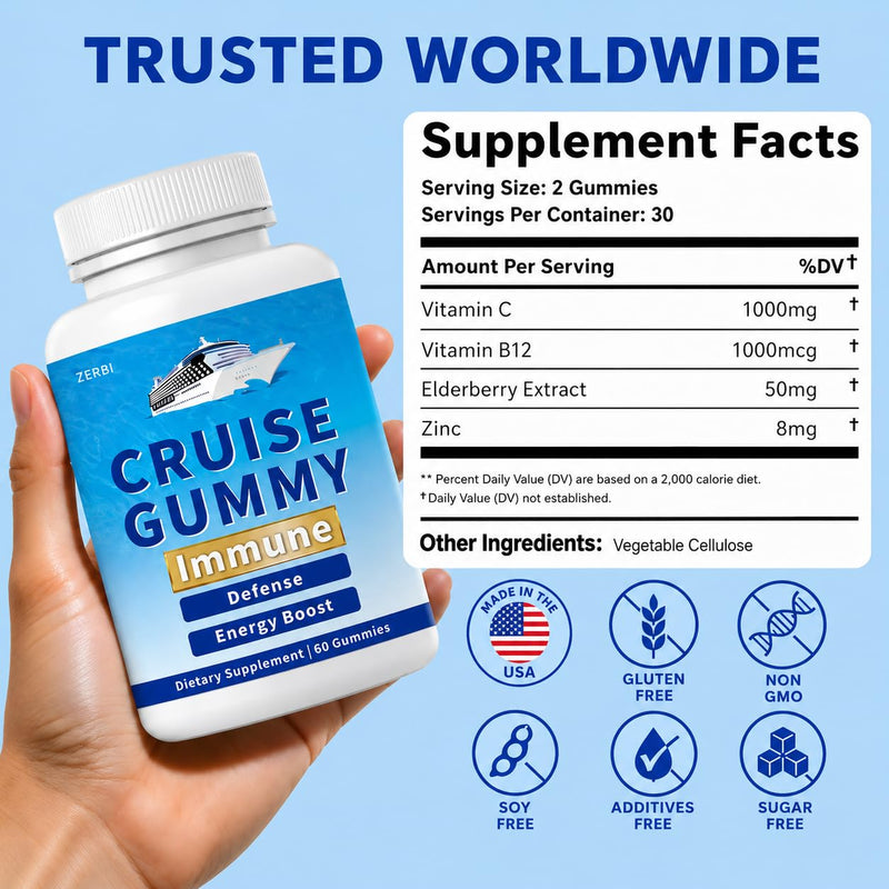 Cruise Gummies, Immune Support, Travel Immunity Defense & Energy, with Vitamin C, Zinc, Elderberry, 60 Chewable Gummies