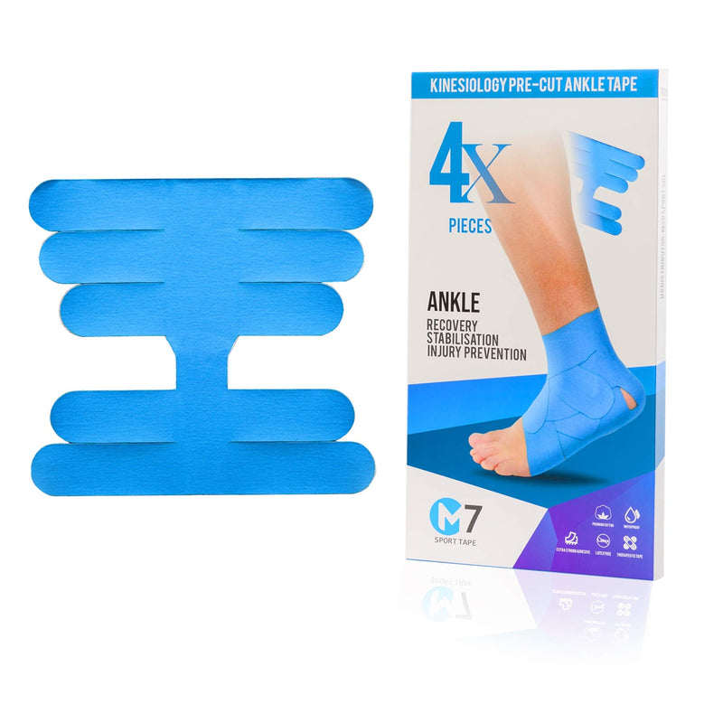 M7 Sport Kinesiology Ankle Tape for Ankle Sprain and Injury Recovery, Pain Relief Therapeutic Tape, Ankle Brace Compression Support, Plantar Fasciitis, Waterproof, Eases Swelling (Blue, 4-Pack) Blue