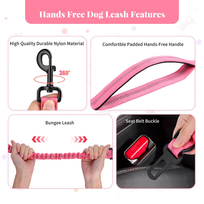 Hands Free Dog Leash Heavy Duty, Multifunctional Adjustable Hands Free Dog Leash Durable Reflective Stitches Hands Free Leash with Car Safety Buckle Waist Leash for Dog Walking Running Hiking 5-7FT Pink - BeesActive Australia