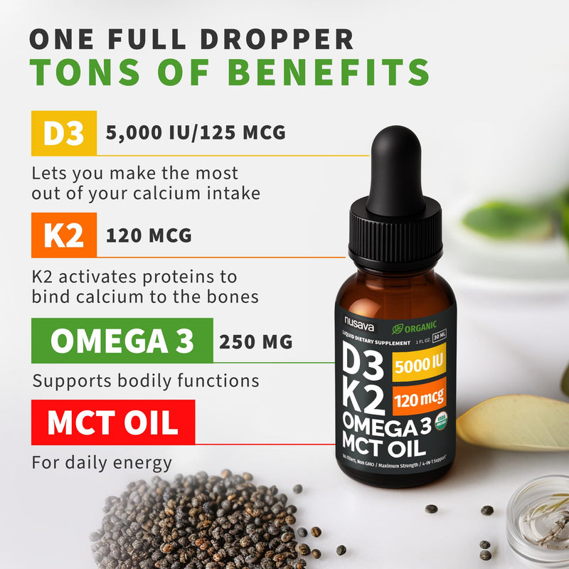 (4 Pack) Organic Vitamin D3 K2 Drops with MCT Oil & Omega 3 - Liquid Vitamin D3 5000 IU - K2 D3 Vitamin Supplement - Vitamin D Drops for Women & Men - No Fillers, Non-GMO, GMP, Unflavored (4 Fl Oz) Unflavored (Regular) 1 Fl Oz (Pack of 4)